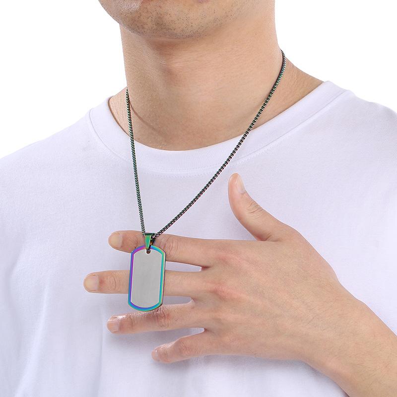 Creative Dazzle Color Square Tag Necklace for Men Hip Hop Polished ID Accessory Stainless Steel Trend Jewelry 60cm Length
