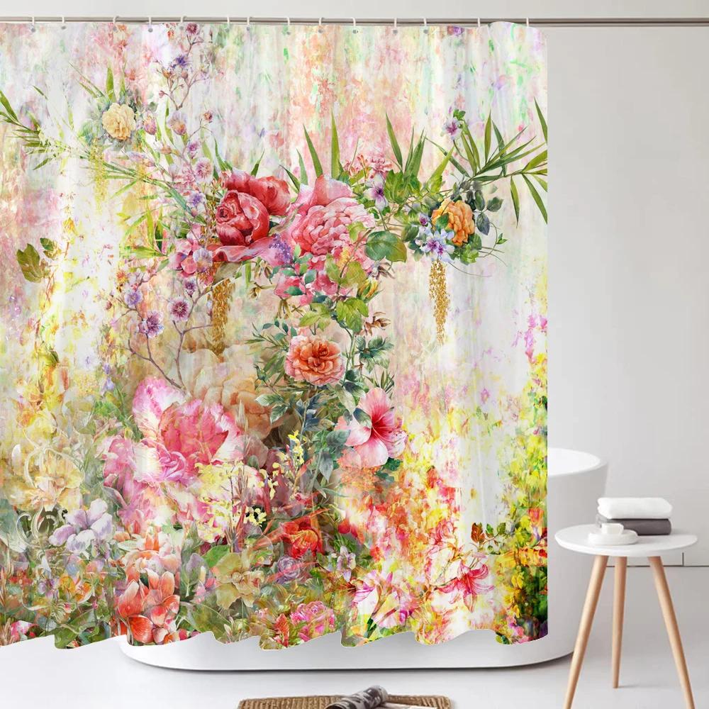 Watercolour Flowersleaves Shower Curtain Morden Art Floral Waterproof Fabric Bathroom Curtains Room Decor Curtain With Hooks