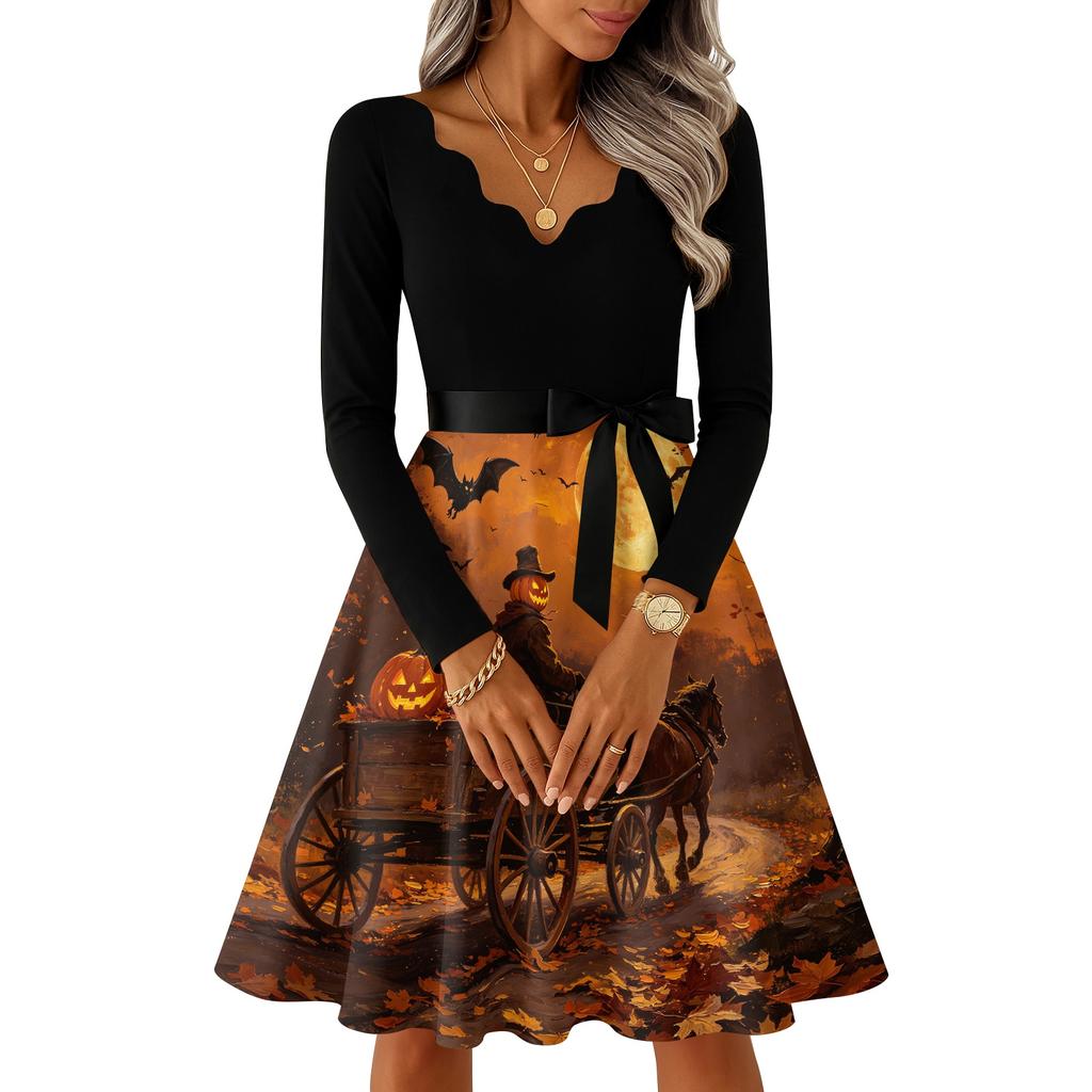 Women's Vintage V-Neck Long Sleeve Casual Halloween Print Dress