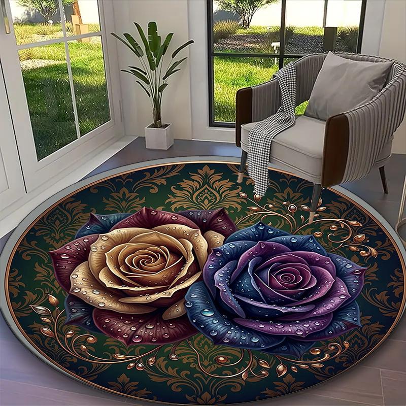 1pc Velvet Rose Hues Printed Chair Rug for Home Office Use, Living Room Kitchen Game Room Round Carpet