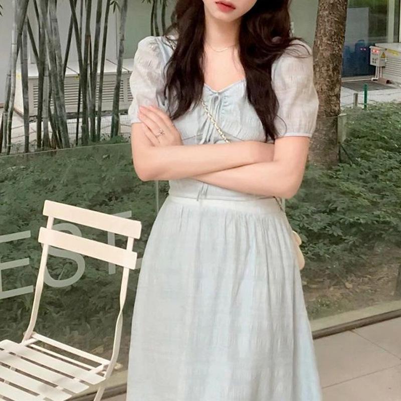 Summer French Gentle Sweet Square Neck Short Sleeve Top Women's Waist Skinny Temperament Skirt Two-piece Set