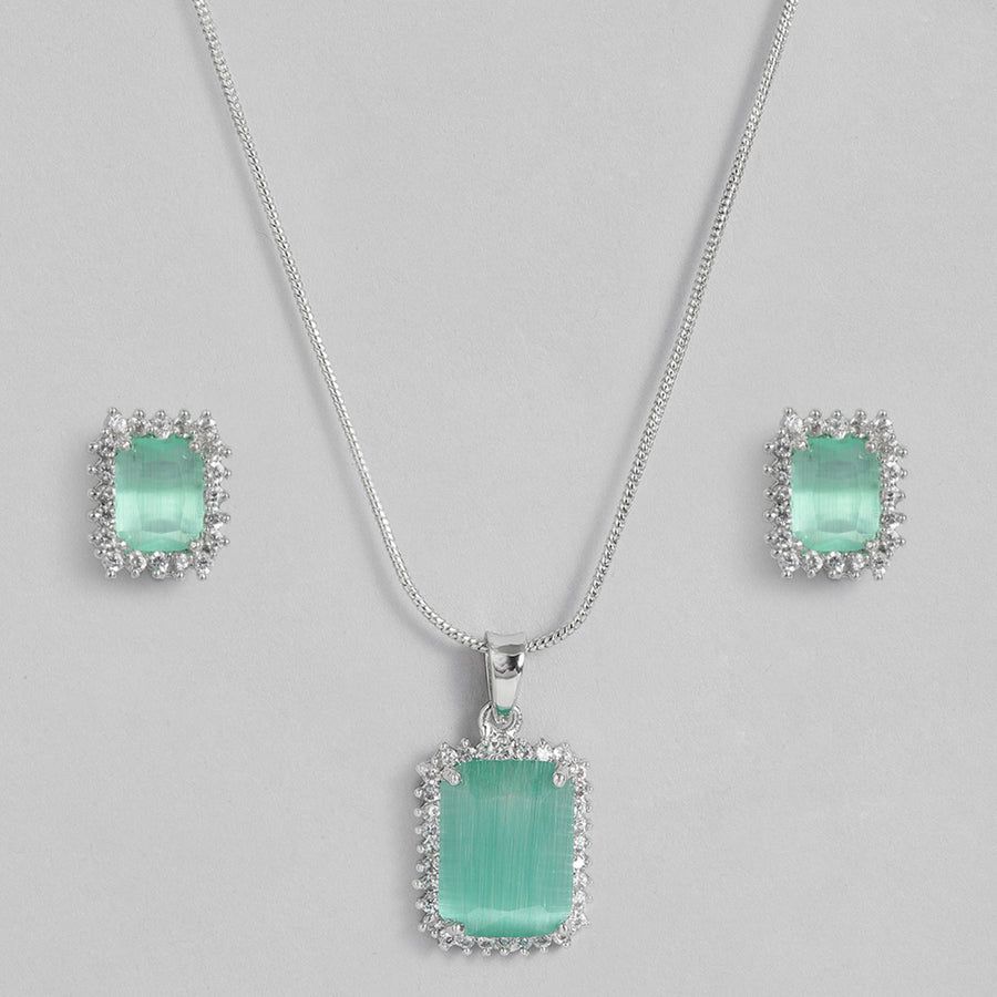 Estele Designer Square Pendant Set with Rhodium Plated CZ and Mint Green Stones for Women
