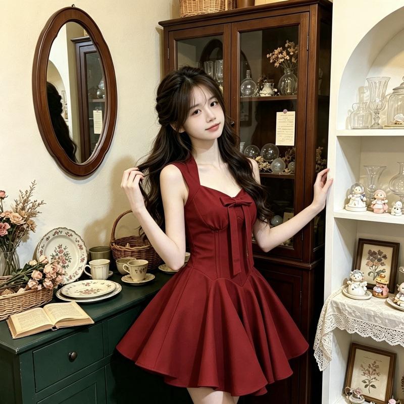 Rose French Life Four-meter Skirt Bow Sleeveless Waist Dress Skinny Slightly Red Dress