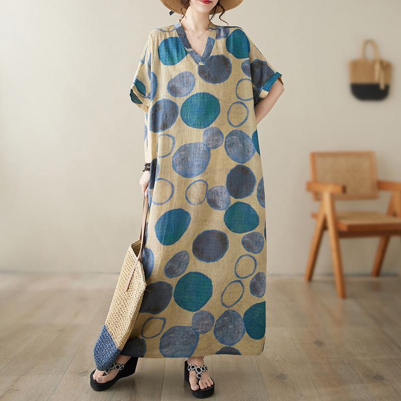 

Summer V-neck Cotton and Linen Large Size Loose Literary and Artistic Vacation Style Beach Skirt Retro Meat-covering Long Style one size світло-синій колір