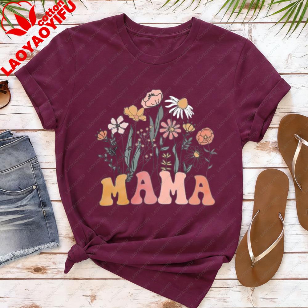 Mama Floral Shirt Women Mom Vintage Boho Wild Flowers Graphic Tshirt Cottagecore Gardening Tops Mothers Day Gift Casual Tee