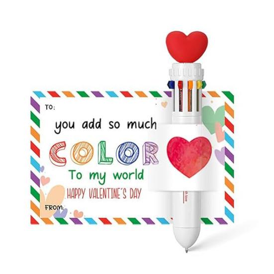 Valentinstag Stift-Karten-Geschenkset Mehrfarbiger Kugelschreiber mit Herz-Botschaftskarten Einziehbarer bunter Stift für Schüler Klassenkameraden Büro-Austausch