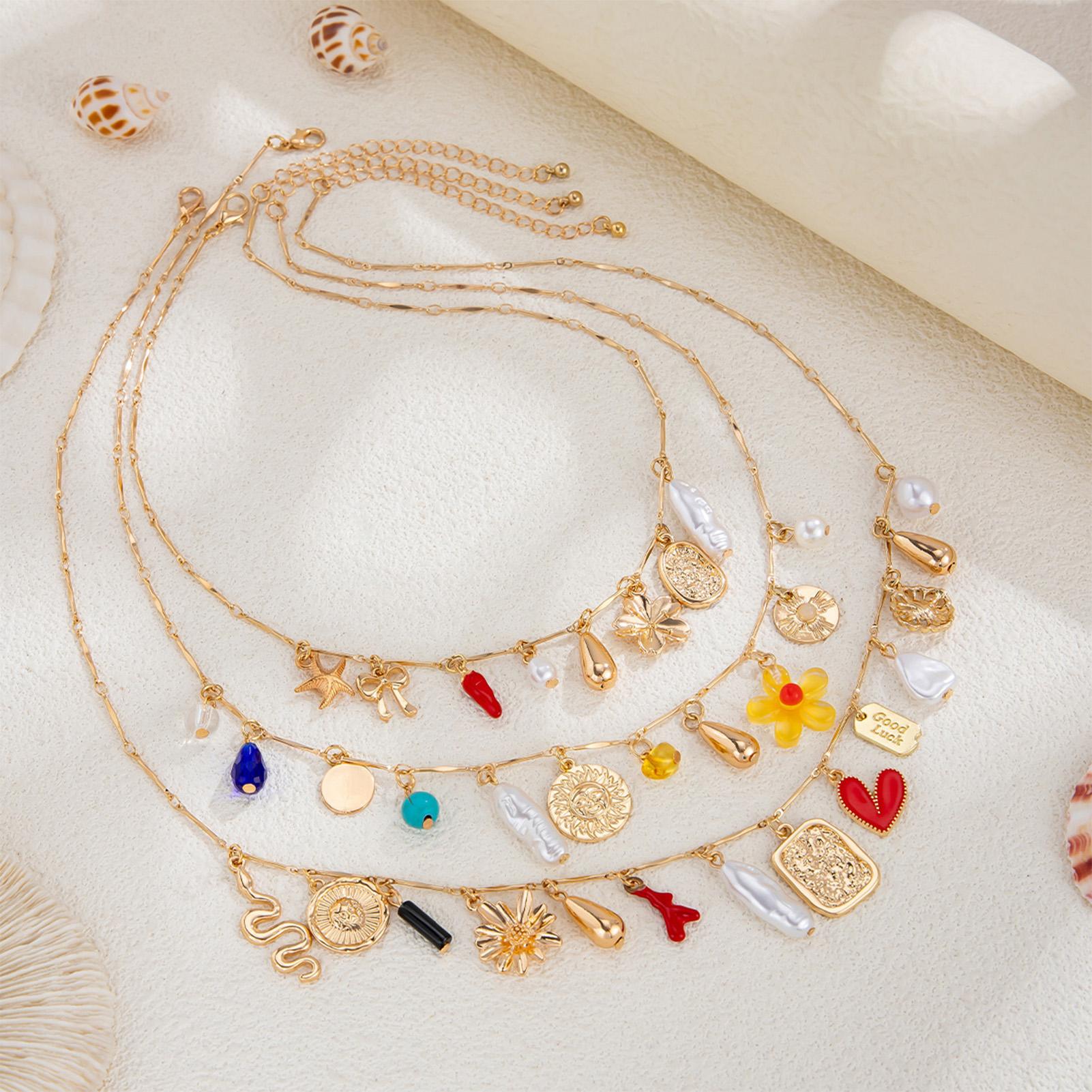 Multi-Pendant Necklaces Set Retro Pearl Heart-Shaped Flower Geometric Pendant Necklace Ocean Element Pendant Necklace Set