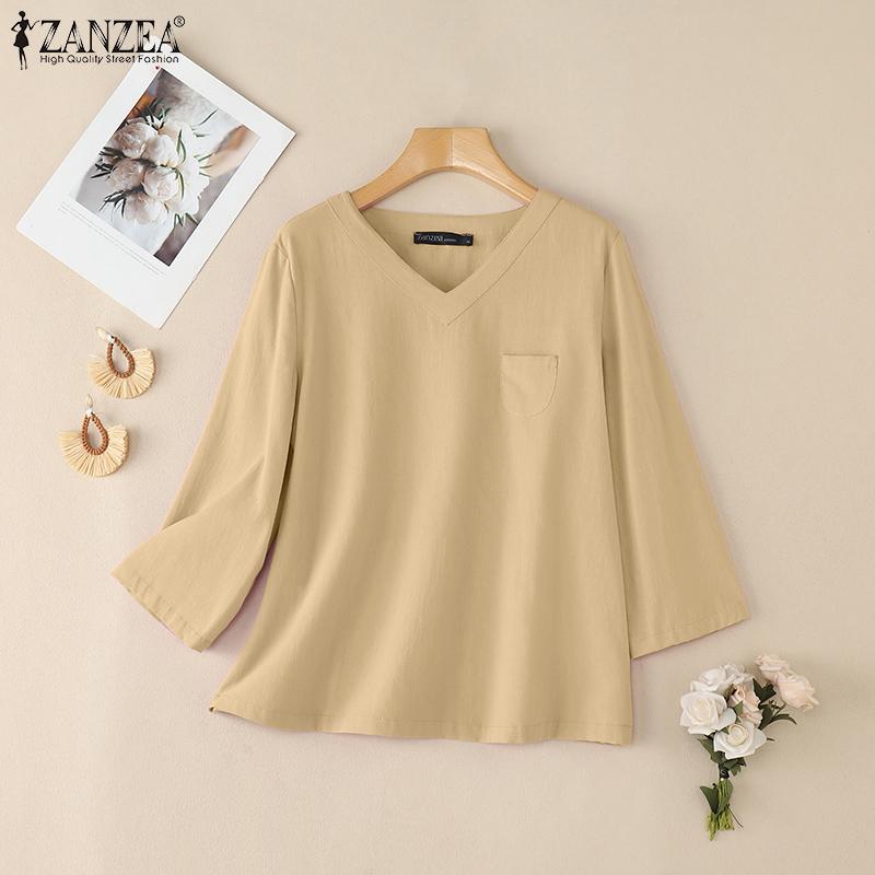 ZANZEA Women Casual V-Neck Loose 3/4 Sleeve Cotton Blouse