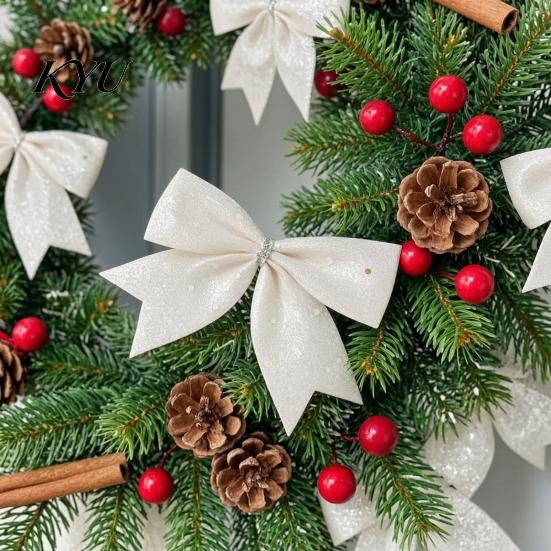 Christmas Floral Arrangement Bows 4Pcs Glitter Bow, Sparkling Ribbon Hanging Ornament for Tree Front Door Wreath, Festive Holiday Home Party