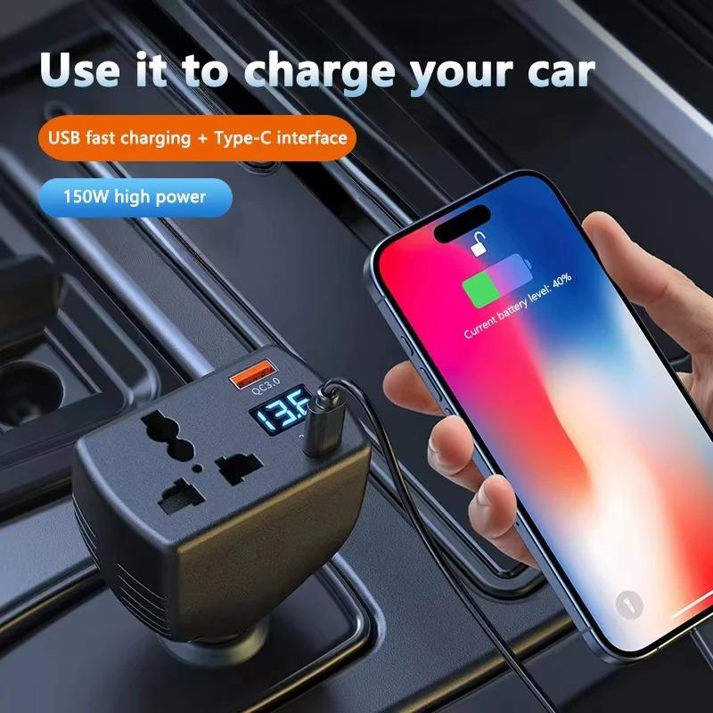 150W Digital Display Car Charger Car Inverter 12V 24V to 220V Car Truck Universal Mobile Phone Fast Charging Car Charger