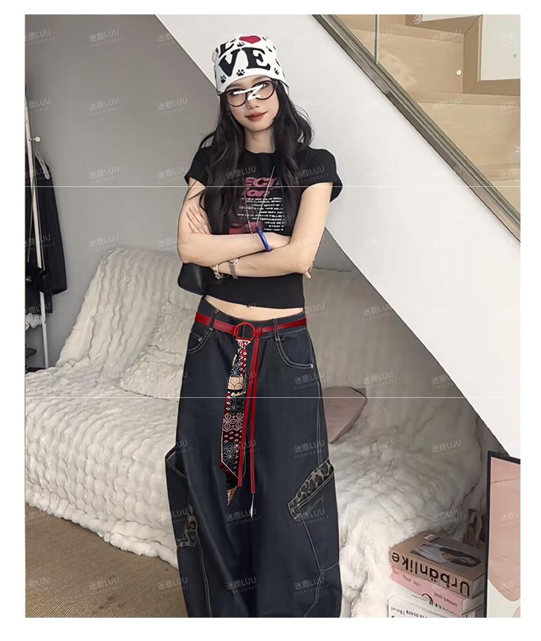 Red Silk Scarf Belt: Women's Retro Accessory for Jeans or Skirt with Double Belt Design.