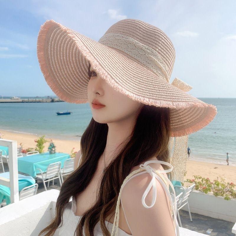 

Женская летняя шляпа от солнца, соломенная шляпа с широкими полями и кружевным бантом, пляжная шляпа, элегантный топ с дискетами для путешествий, походов, рыбалки 56-58cm