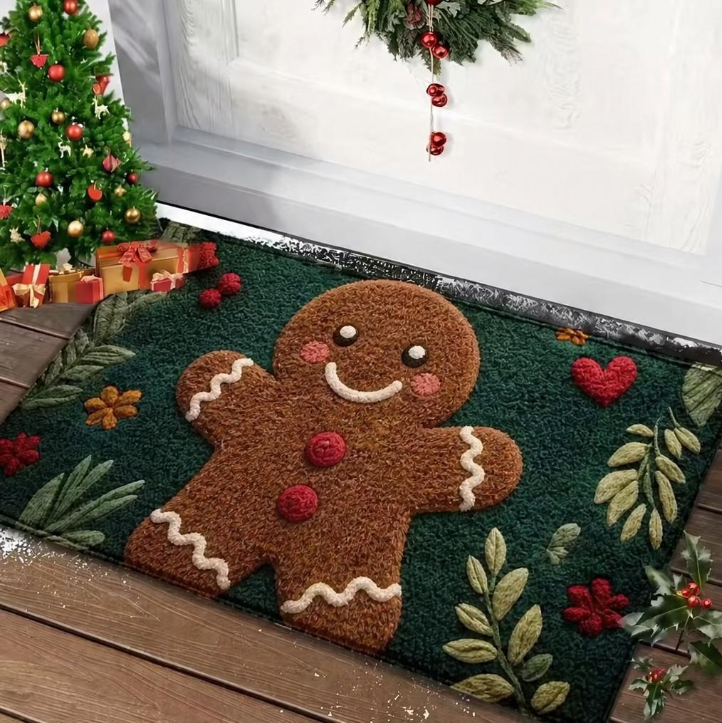 Christmas Snowman Dark Green Porch Doormat Non Slip Absorbent Floor Rug for Entryway Kitchen Bathroom Holiday Decor