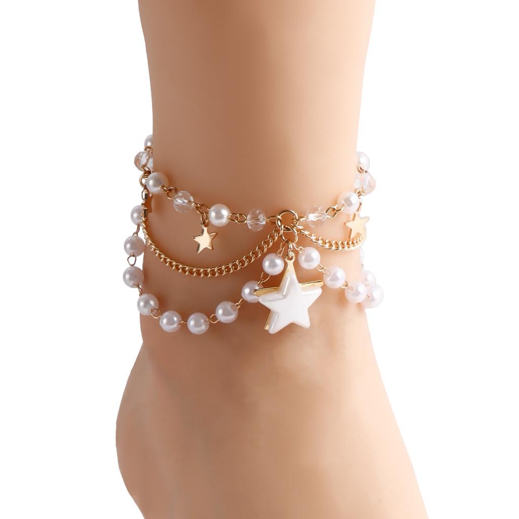 European and American popular jewelry, resort beach multi-layer metal chain foot decoration, fringed imitation pearl beaded finger anklet