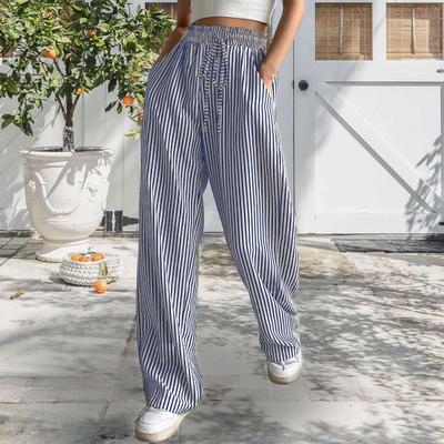 Women Pants Adjustable Drawstring Elastic Waist Mid-rise Long Trousers with Pockets Wide Leg Striped Print Casual Pants