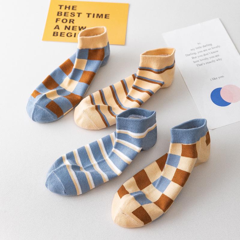 Trendy Coffee Blue Plaid Cotton Mid-Calf Socks, Versatile for Spring/Summer, Korean College Style, Breathable & Sweat-Wicking for Women.