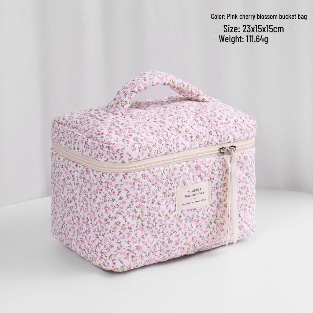 High-Capacity Quilted Floral Cosmetic Handbag