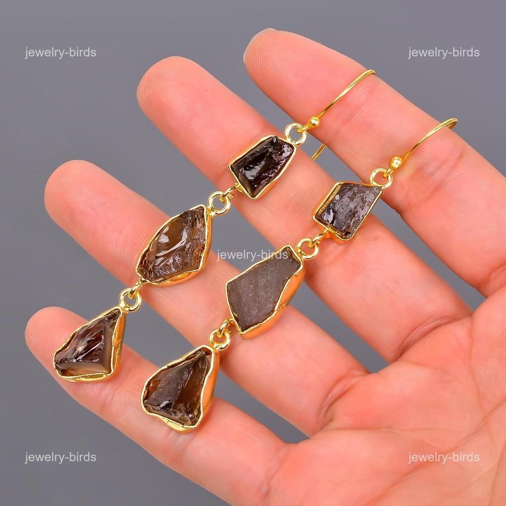 Smoky Quartz Gemstone Electroformed Drop Dangle New Earrings Jewelry Gold Plated V-114