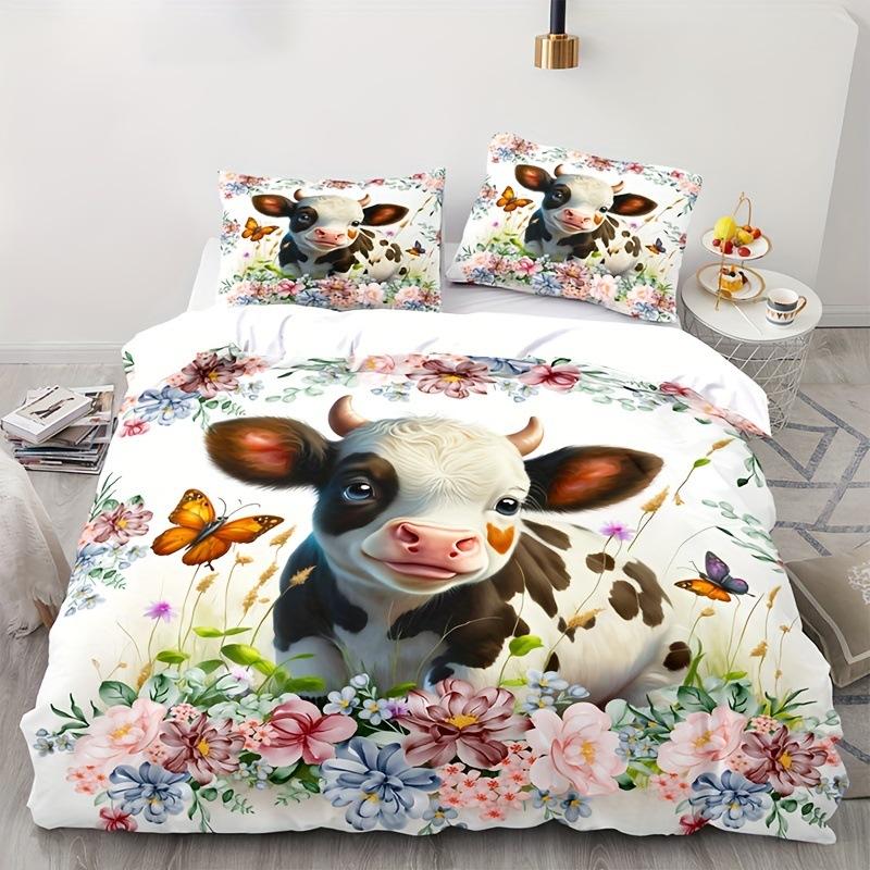 Farm Cow Duvet Cover Three-Piece Sunflower Quilt Cover Cute Cow Bedding Set