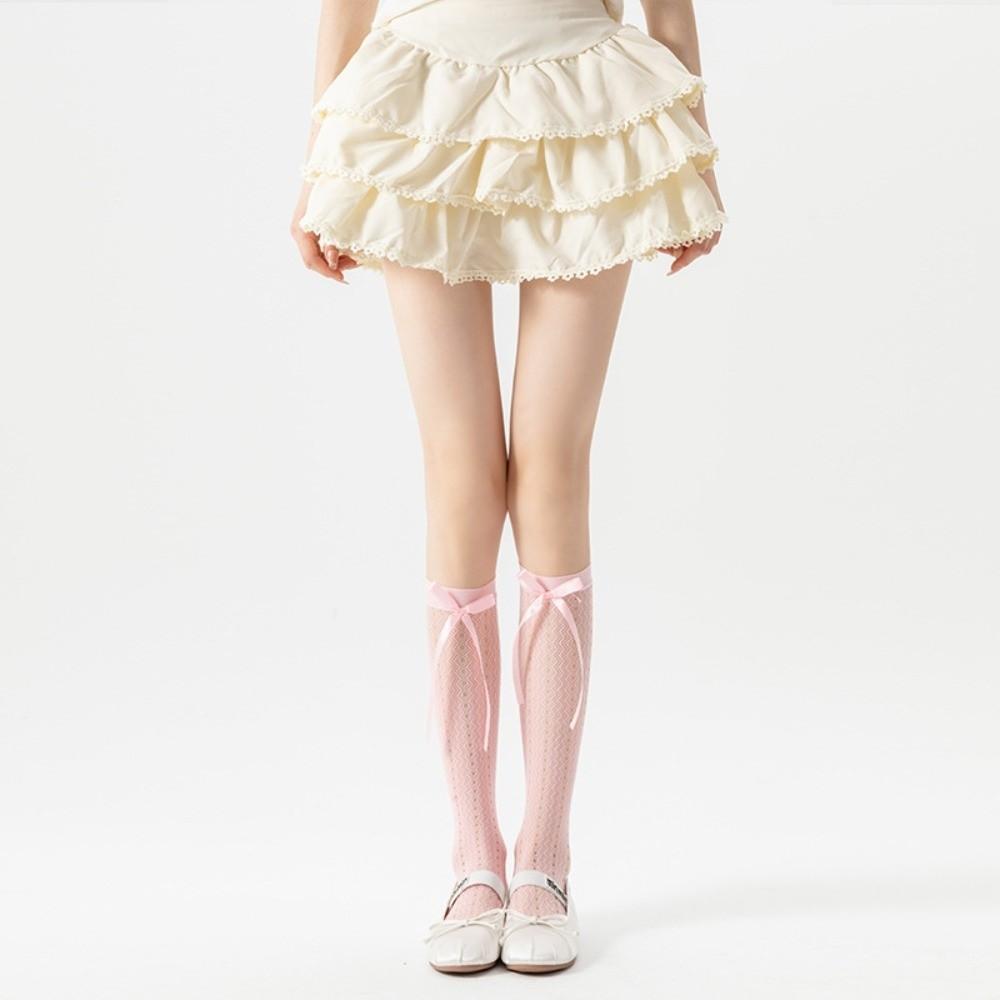 

Bowknot Detail Lace Calf Socks Thin JK Long Stocking Sweet Middle Tube Sock Daily Wear розовый