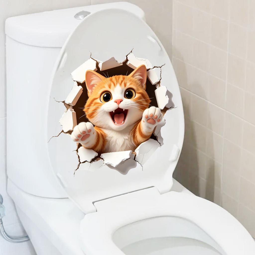 Cute Orange Cat Breaking Through Wall Self Adhesive Toilet Tank Sticker Waterproof