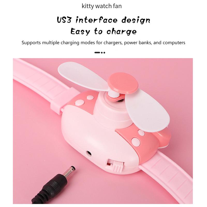 Kawaii Cartoon Kt Cat Wrist Fan Summer Rechargeable Student Children Portable Watch Small Fan Wind Force Usb Fan Kids Gifts