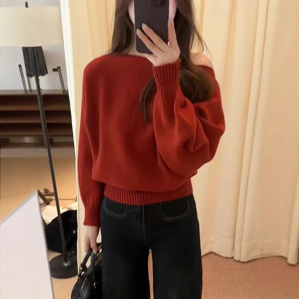 Asymmetrical One-Shoulder Gray Knit Sweater - Women's 2024 Autumn Loose-Fit Pullover