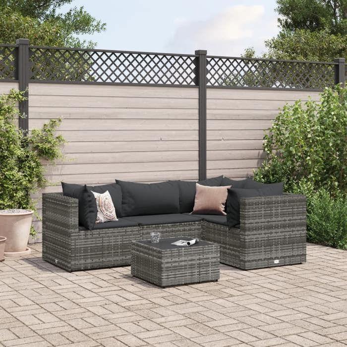 VidaXL Salon de jardin 5 pcs avec coussins Gris Résine tressée, ensemble de canapés d'extérieur, canapé d'angle de jardin, 3308082