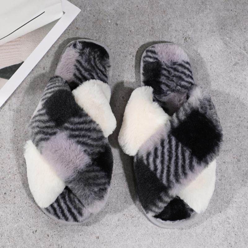 Cross furry slippers for winter indoor plush flat floor mop with exposed toes and warm cotton mop