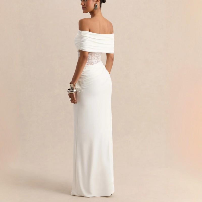 Womens Ruched Strapless Off-Shoulder Long Dress With Lace Cutout Panel Slim Fit Maxi Vacation Beach