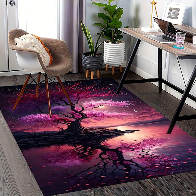 1pc Anime Cherry Blossom Tree Chair Mat - Fantasy Office Rug with Moon and Stars, Suitable for Home Decor, Game Room, Seasonal Gift.A097