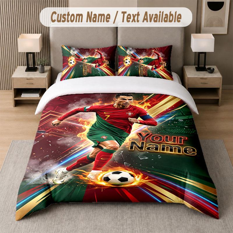 Set Biancheria da Letto Personalizzato Modello Cristiano Ronaldo, Stampa Nome Testo 1 Copripiumino più 2 Federe Tessile per la Casa