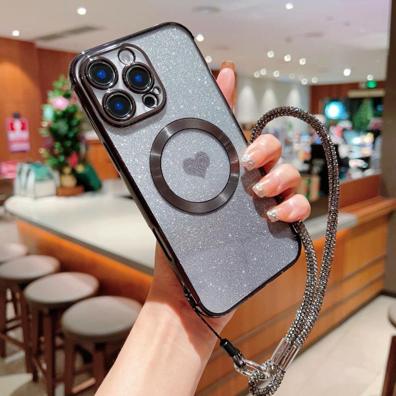 Applicable to Apple 11Promax love glitter mobile phone case 11Pro magnetic suction 11 electroplating transparent 11 portable rope female