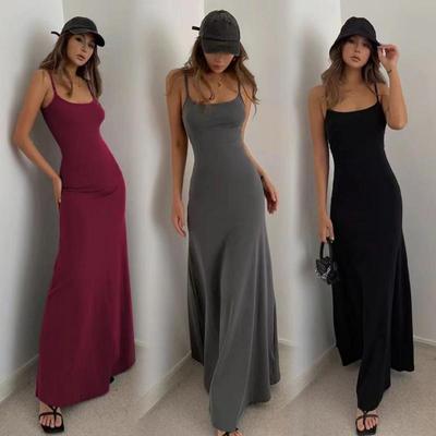 Elegant Slim Fit Solid Sexy Party Long Dress Women Casual Straps Backless Dress for Women Summer New High Waist A Line Sleeveless Ladies Dress 26383