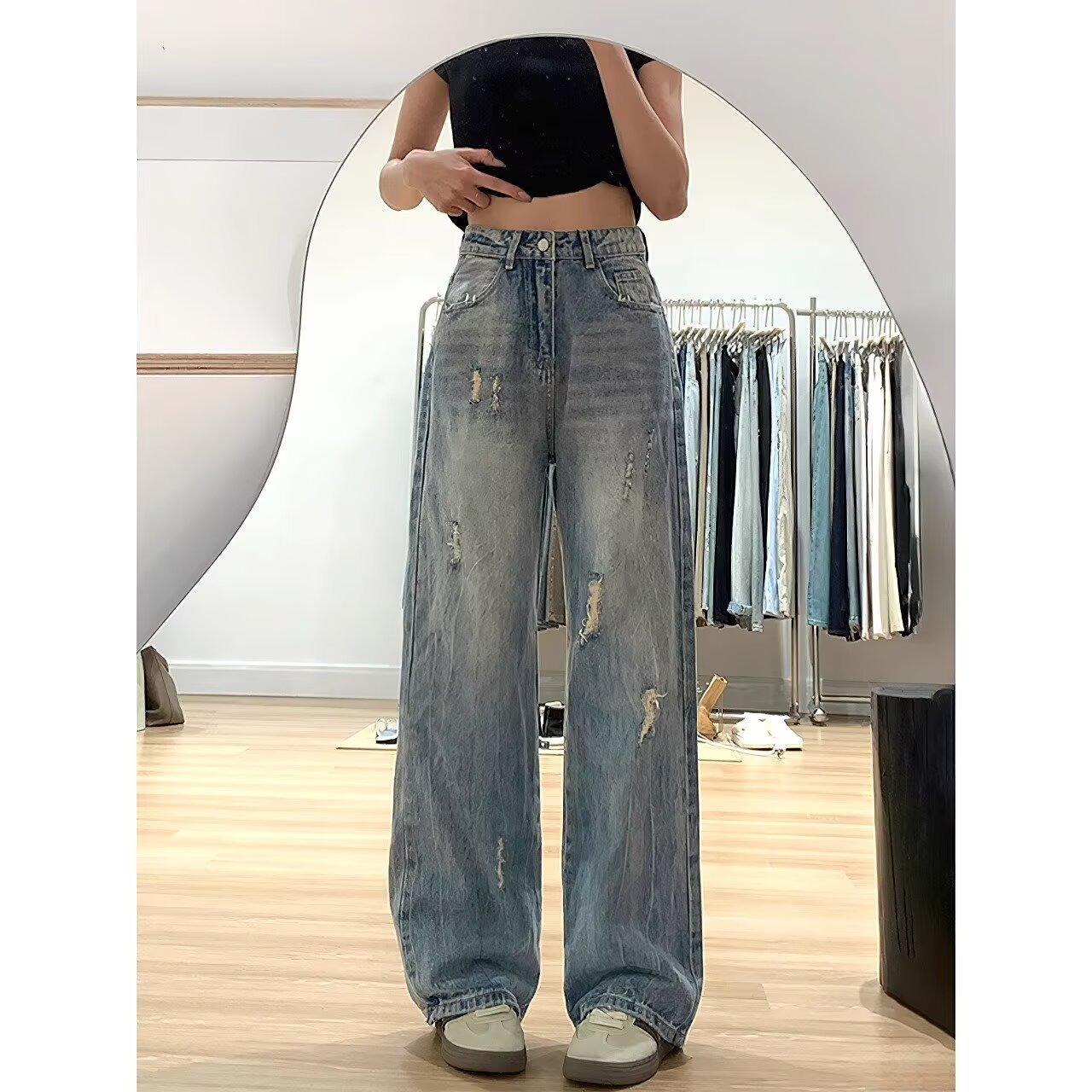 

2025 New Style Women s High-Waisted Light Ripped Jeans - Loose, Drapey, Floor-Length Wide-Leg Summer Pants L светло-синий