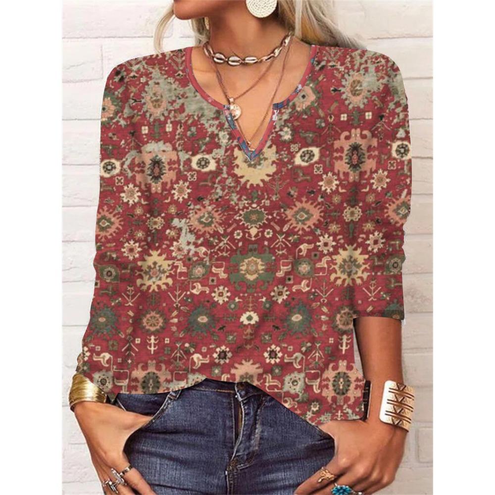 

GMXIA Осенняя свободная футболка с длинным рукавом и цветочным принтом, с V-образным вырезом, для женщин XXXL ярко-розовый