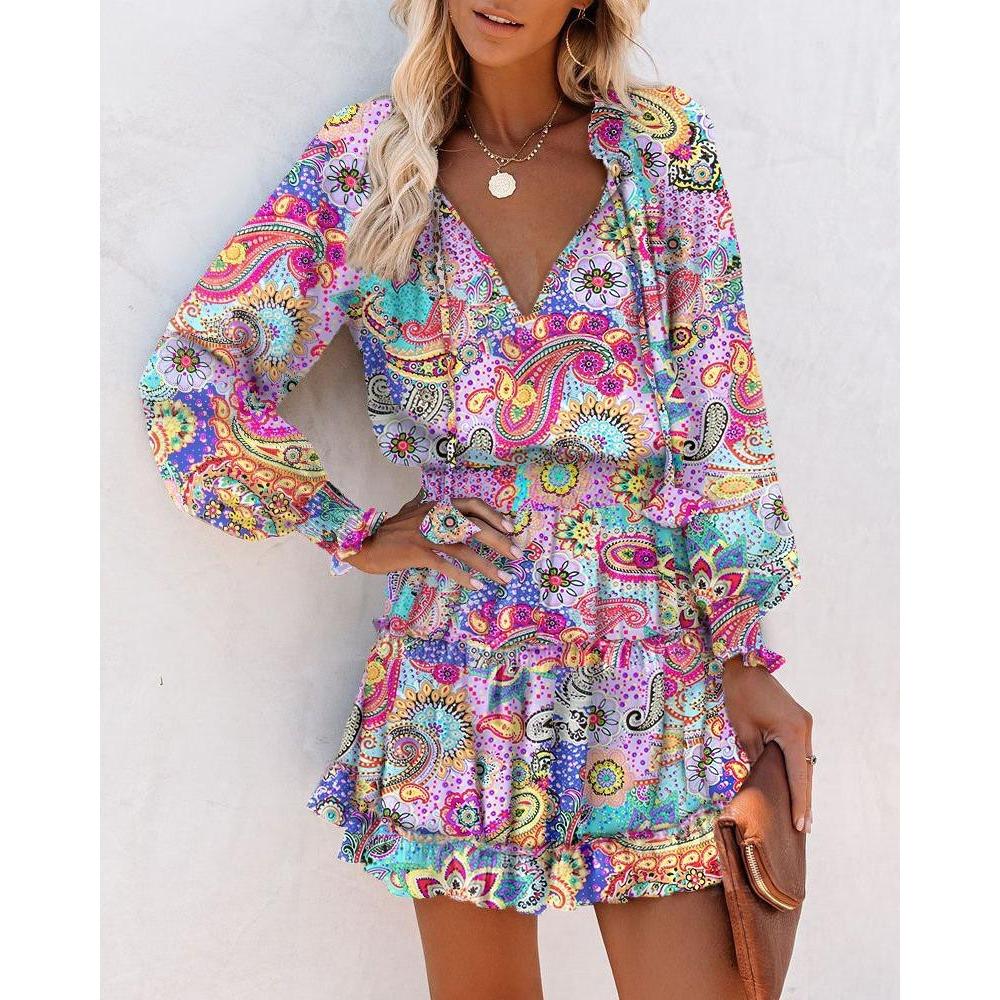 IHUASU Spring Summer Long Sleeve V-neck Fashion Print Waist Dress for Women