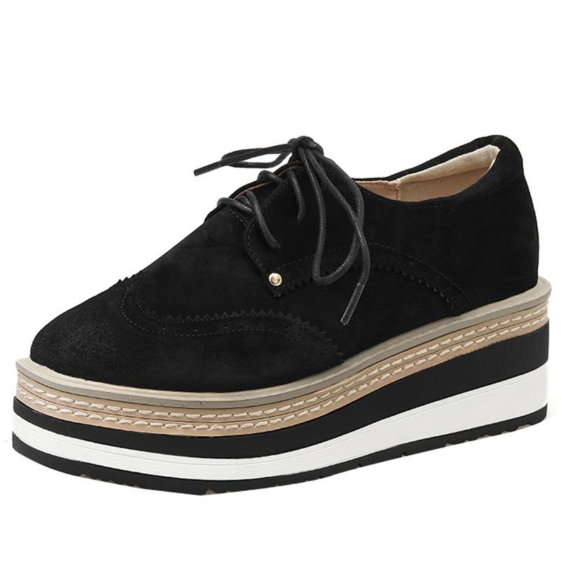 Suede Striped Thick-soled Muffin with Round Head and Sloping Shoes for Women Casual British Style 2024 New Spring Products. HZB