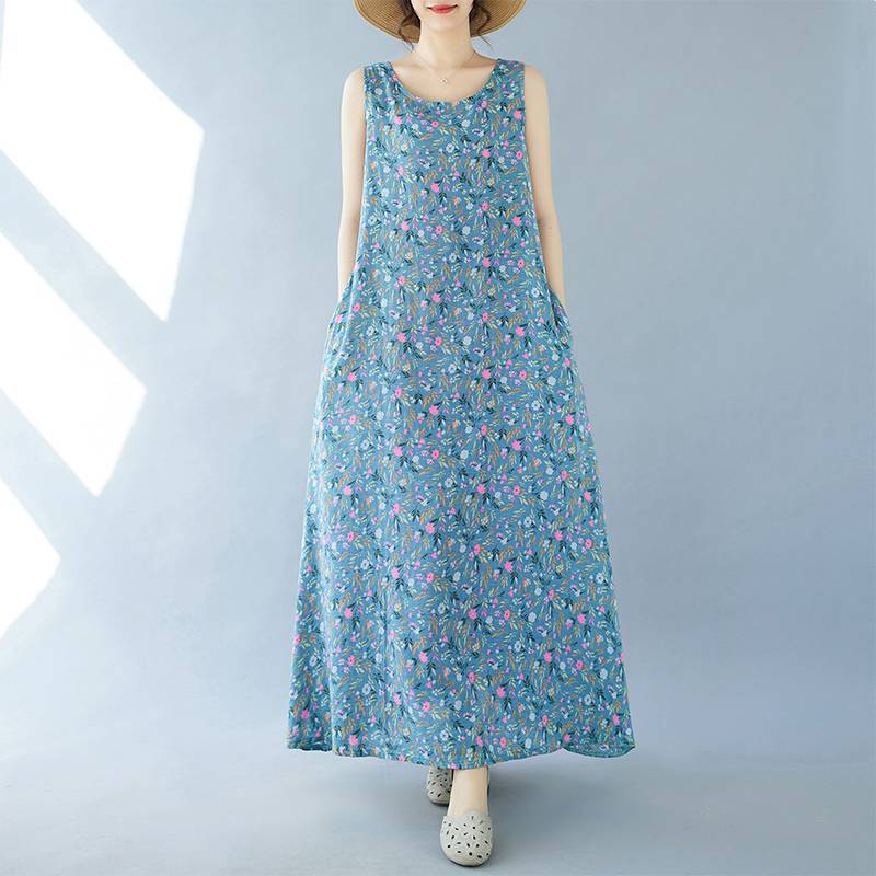 Summer Plus Women's Retro Artistic Loose Print Sleeveless Cotton Linen Dress Vest Suspender Casual Dresses