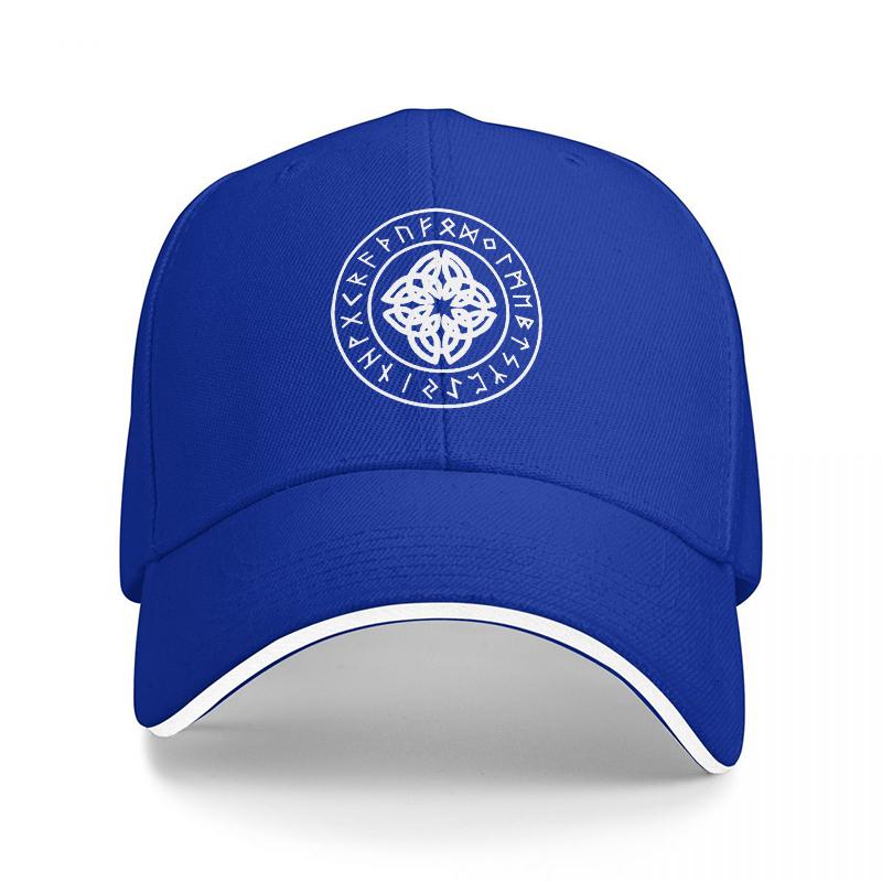 Mystic Symbol Circle Design Black Baseball Cap with White Trim and Intricate Celtic Knot Pattern for Unisex and Women