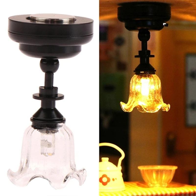 Decorative 1/12 Dollhouses Ceiling Light Miniature Chandelier with Clear Flower Shade for Miniature Living Room Decors