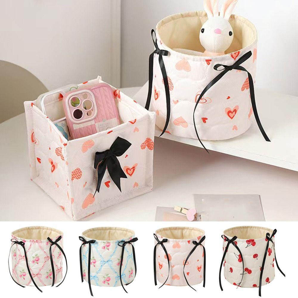 Cotton Quilted Storage Basket Sweet Bow Sundries Organizer Cosmetics Snacks Storage Box  for Home