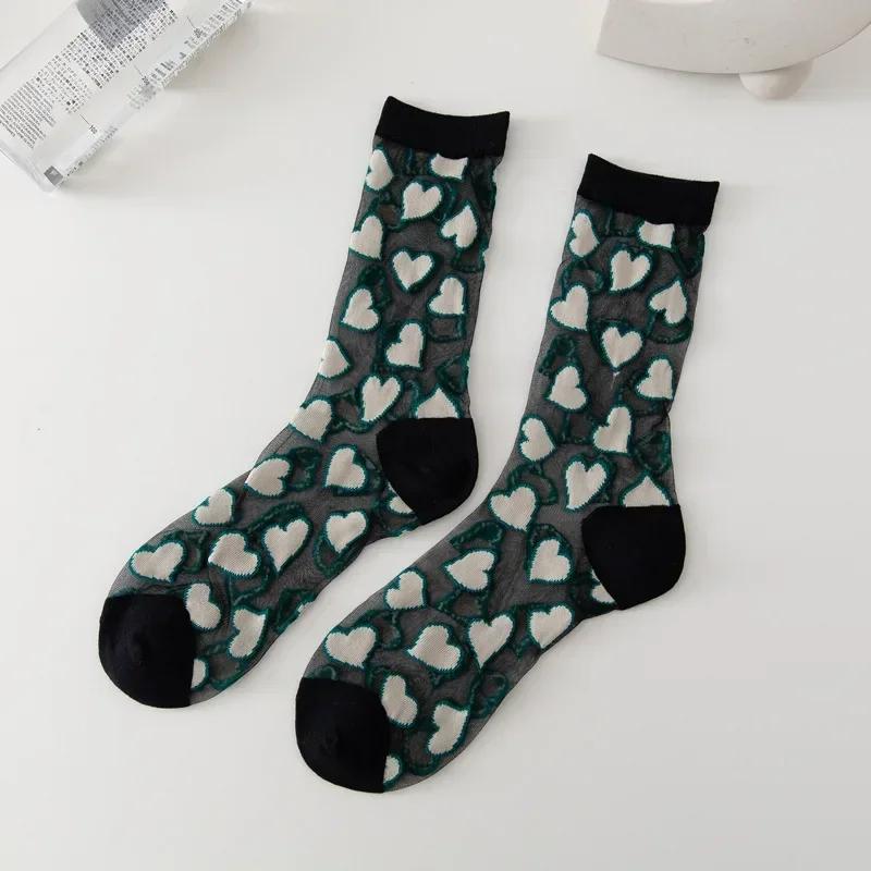 Summer Woman Socks Japanese Style Sweet Crytal Glass Silk Socks Heart Print Ultra-thin Transparent Girls Kawaii Cute Long Socks