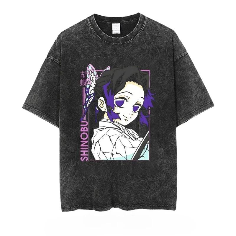 Men's T-shirt Anime Demon Slayer Printed Washed Vintage Loose Fit Women's Short-sleeved Tee Oversized Gym Y2k Clothes Top Summer