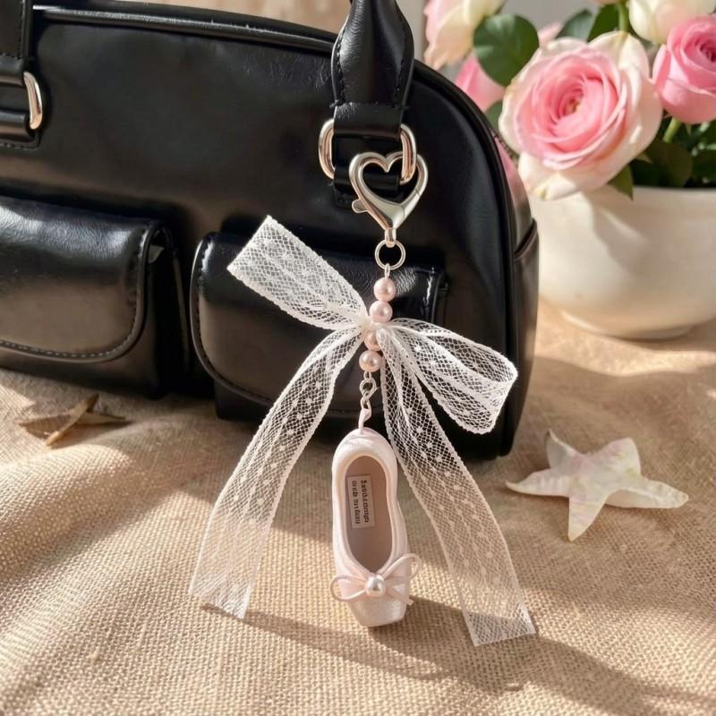 Sweet Korean Style Pink Ribbon Ballet Shoe Keychain With Pearl Charm Resin Accessory Girls