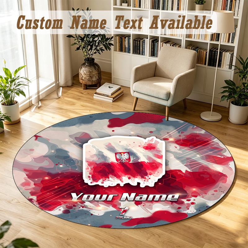 Round Rug Custom NamePoland Football Pattern Non Slip Carpet Home Floor Decor
