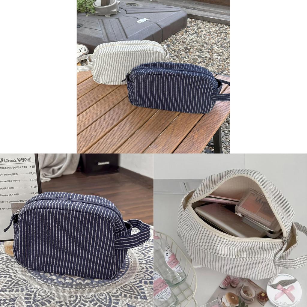 Minimalist Striped Makeup Bag With Polyester Material For Travel And Daily Use