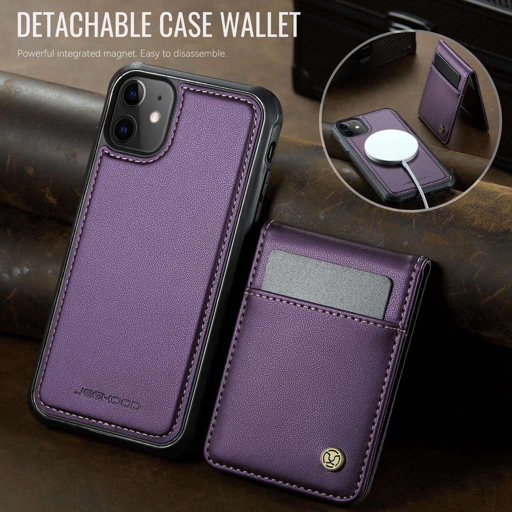 For iPhone 11 Leather Back Cover Compatible with MagSafe JEEHOOD J06 Phone Case with Card Bag RFID Blocking