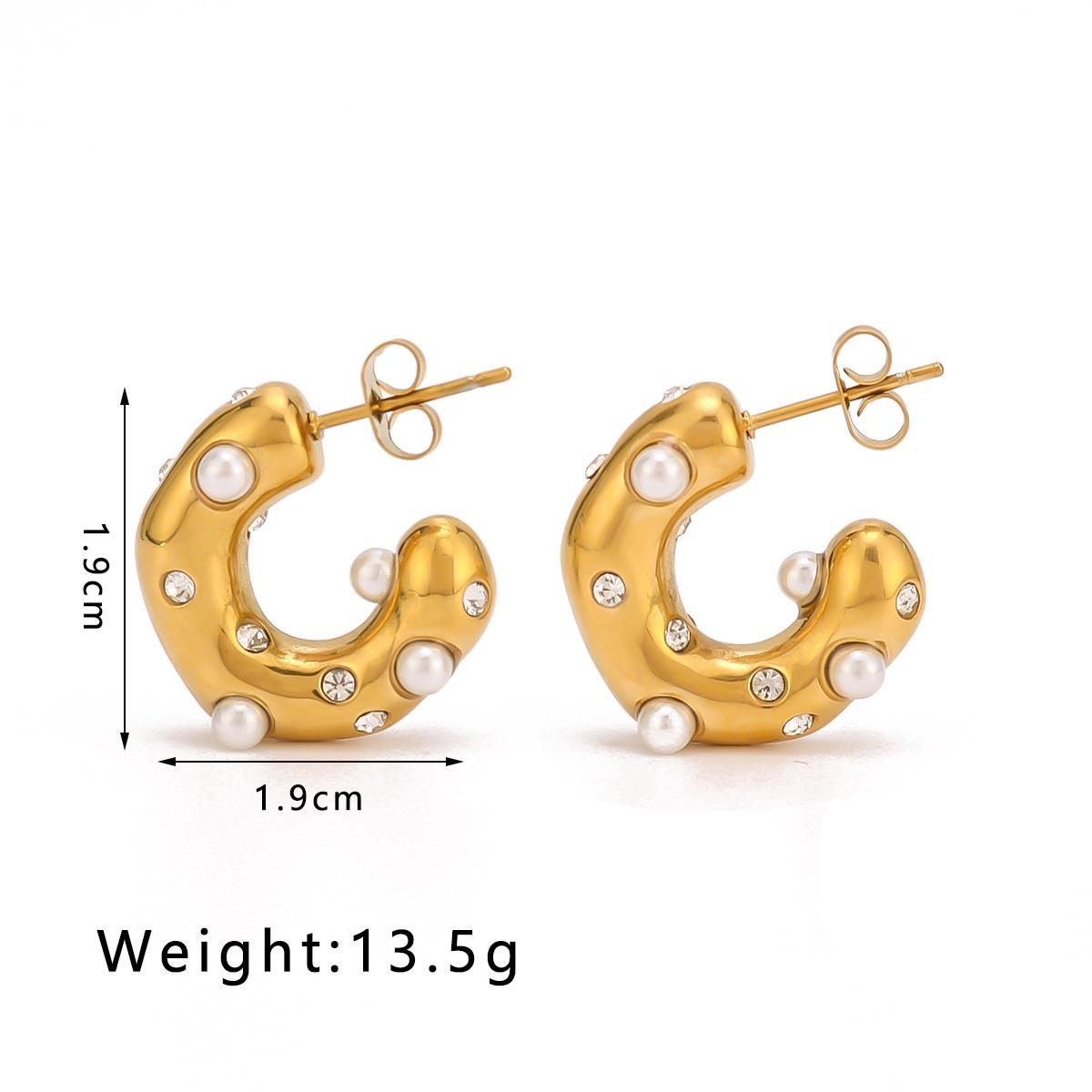 Жемчужные Циркониевые Серьги-Кольца для Женщин Золотого Цвета Нержавеющая Сталь Стразы Пусеты