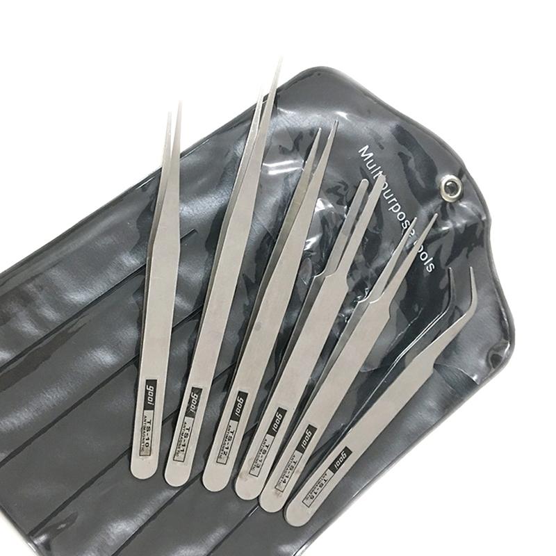 6Pcs Diy Accessories Stainless Steel Tweezers Repair Tool Industrial Precision Bent Straight Tweezers Repair Props